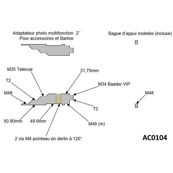 Pierro Astro Adaptador de câmera 50.80mm para T2 e M48 para Barlow