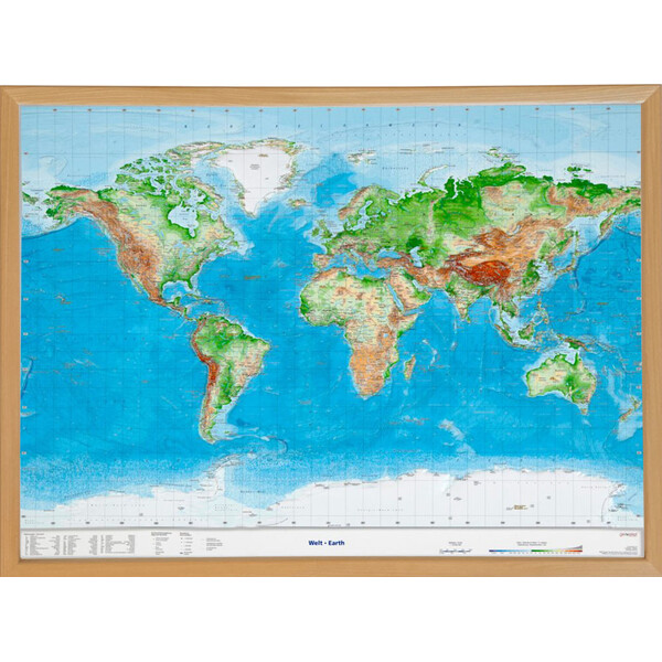 Georelief Mapa mundial World map, large 3D relief map with wooden frame (in German)