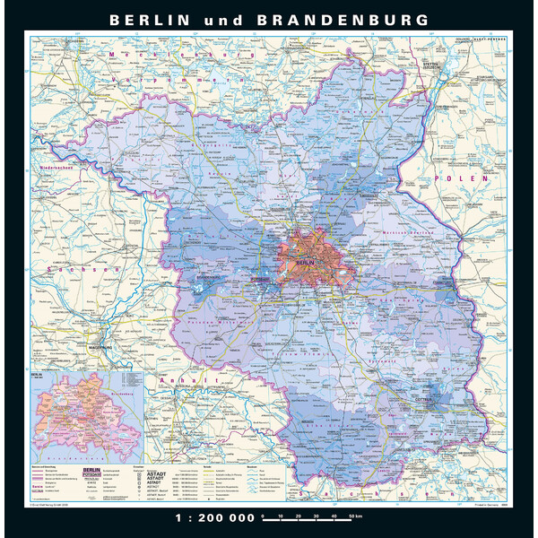 PONS Mapa regional Berlim-Brandenburgo fisicamente e politicamente (148 x 150 cm)