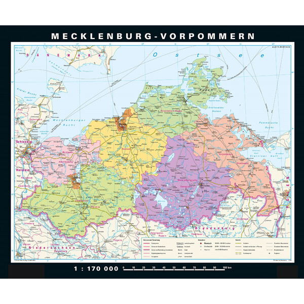 PONS Mapa regional Mecklenburg-Vorpommern fisicamente e politicamente (178 x 148 cm)
