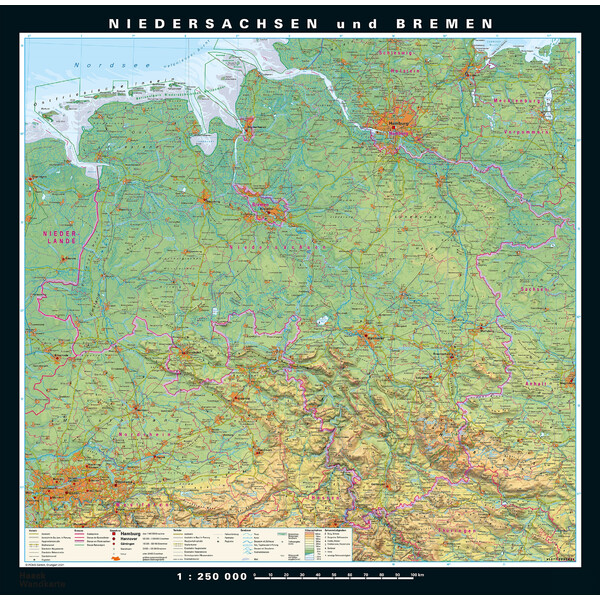 PONS Mapa regional Baixa Saxónia e Bremen fisicamente e politicamente (148 x 150 cm)