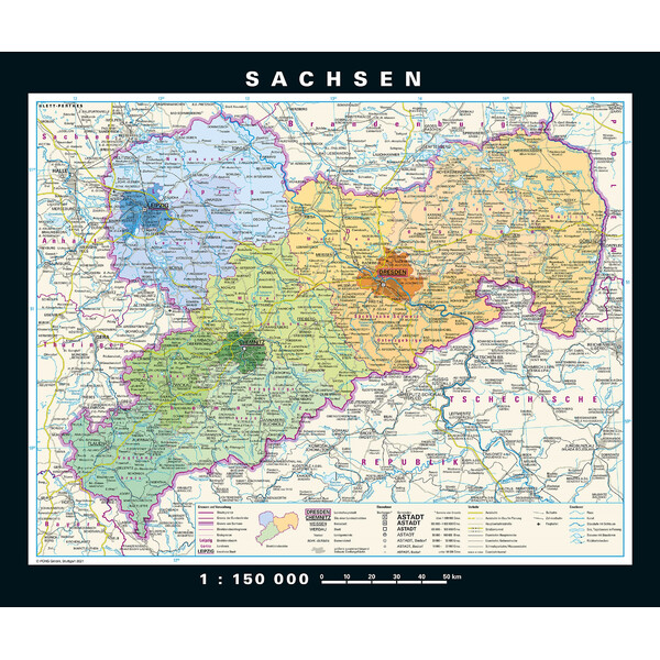 PONS Mapa regional Saxónia fisicamente e politicamente (176 x 148 cm)