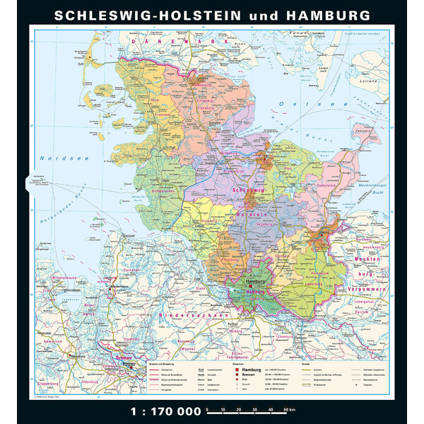 PONS Mapa regional Schleswig-Holstein e Hamburgo fisicamente e politicamente (148 x 175 cm)