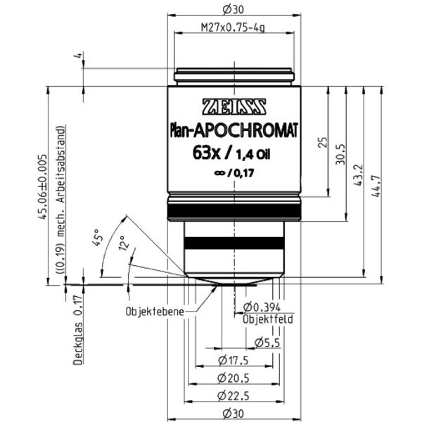 ZEISS objetivo Objektiv Plan-Apochromat,  incl. 100 cover glasses,63x/1,4 Oil incl. wd=0,19mm