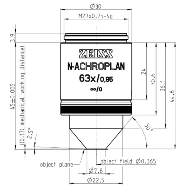 ZEISS objetivo Objektiv N-Achroplan 63x/0,95 D=0 wd=0,17mm