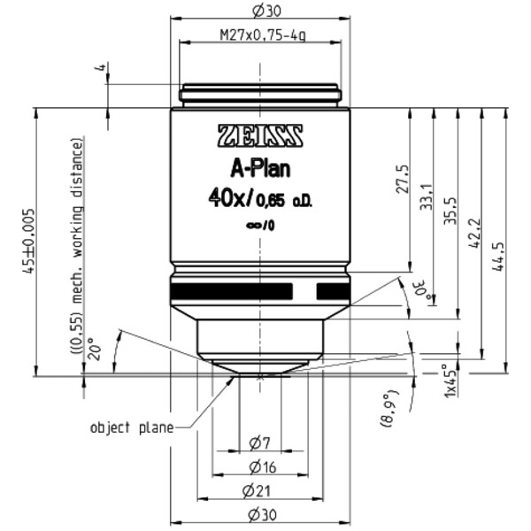 ZEISS objetivo Lente objetiva A-Plan 40x/0.65 D=0 wd=0.55mm