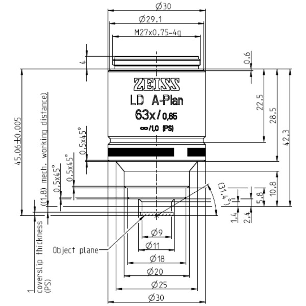 ZEISS Objetivo LD A-Plan 63x/0.65 wd=1.8mm