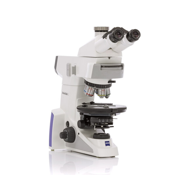 ZEISS Microscópio Axiolab 5 Pol, trino, infinito, plano, neofluar, 5x, 10x, 20x, 40x, 10x/23, Dl, LED, 10W, 5xH Pol codificado, incl. comp. lambda, placa de retículo e guia de objectos