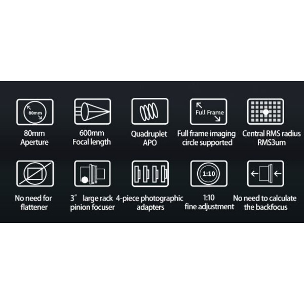 ZWO Refrator apocromático FF80 AP 80/600 Quadruplet OTA