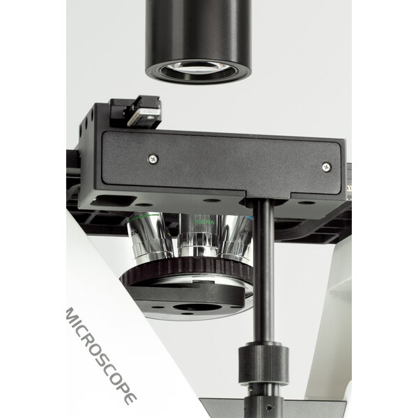 Kern Microscópio invertido OCM 166, FL, PH, trino, inverso, Condensador N.A. 0,3 fixo, 10x-40x, 30W LED, Al, 100W HBO, Dl