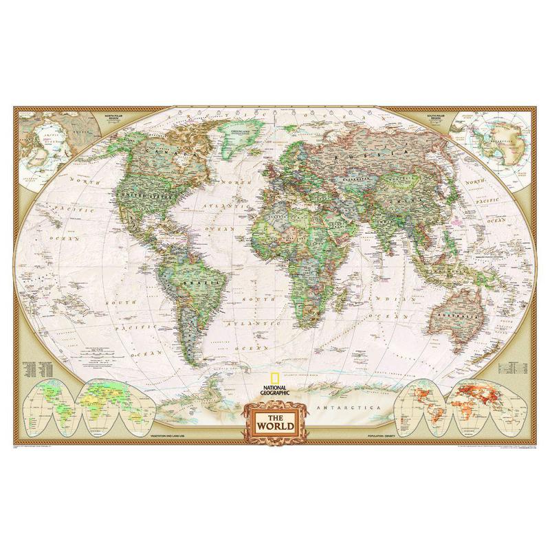 National Geographic Mapa mundial antigo e político, tamanho gigante