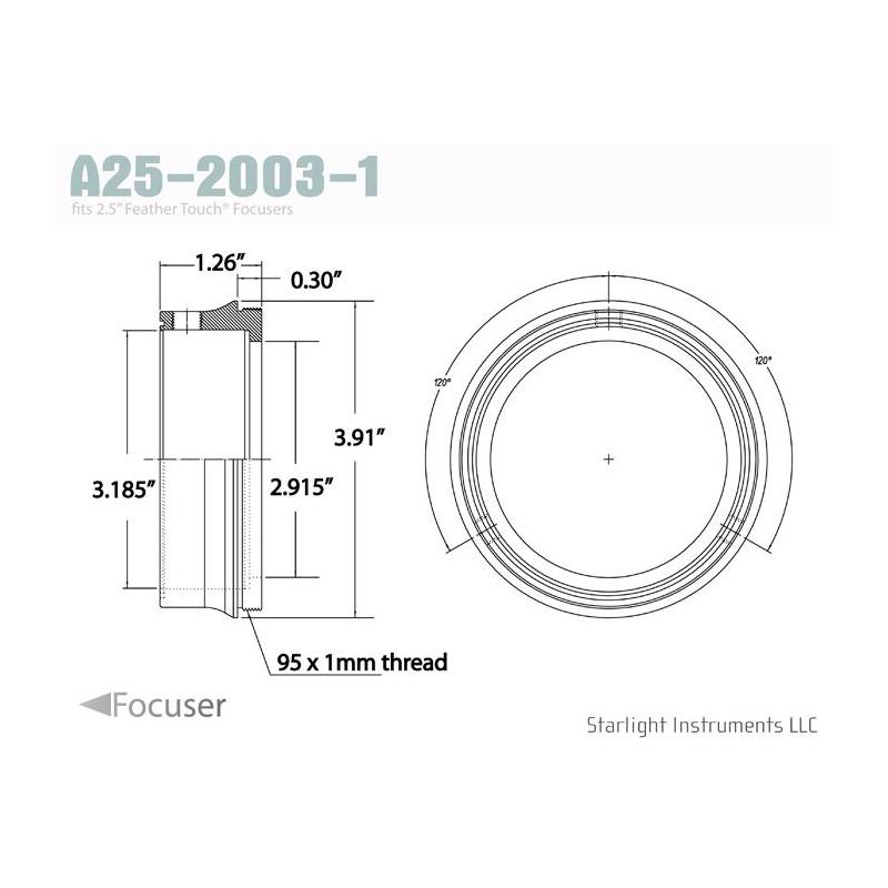 Starlight Instruments Adaptador de rosca macho 2.5" - 95x1mm, 0.9" L (Esta é nossa série de colares acoplados com Teflon FTF25)