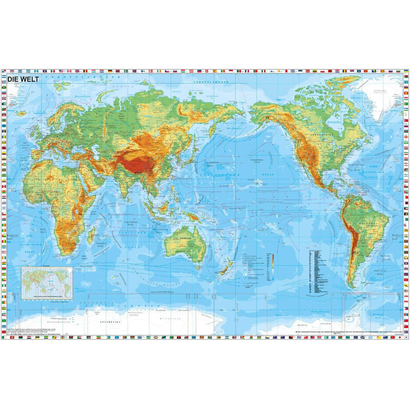 Stiefel Mapa mundial Centrado geograficamente no Pacífico, com borda com bandeiras (98 x 68 cm)
