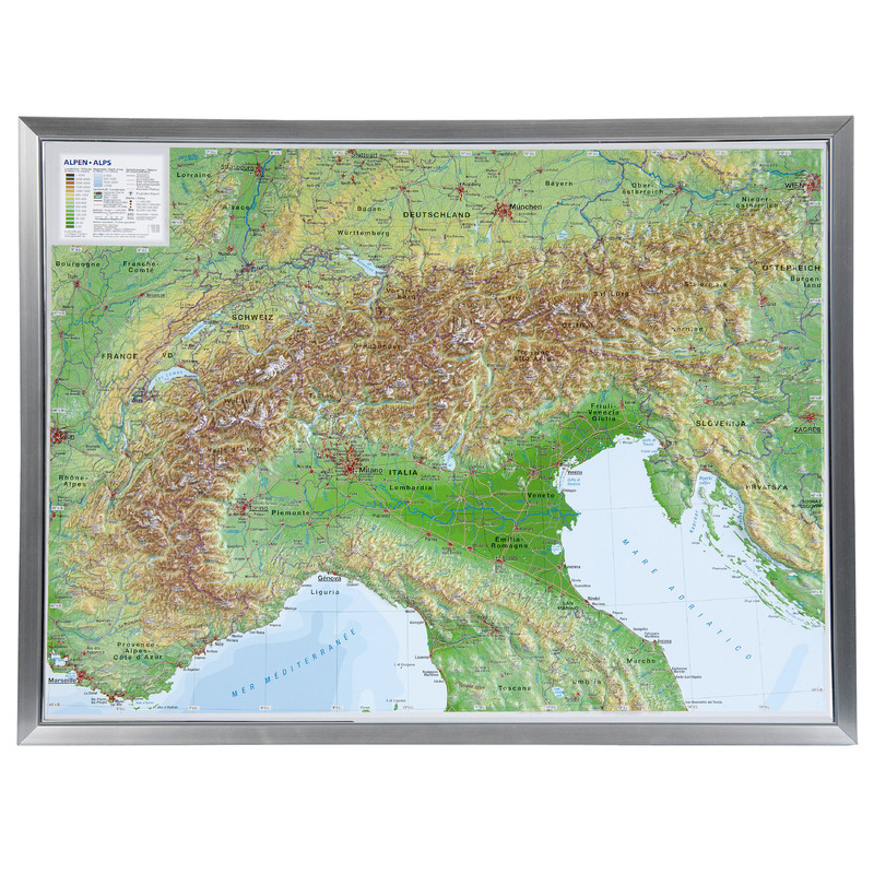 Georelief Mapa regional Large 3D relief map of the Alps, in aluminium frame (in German)