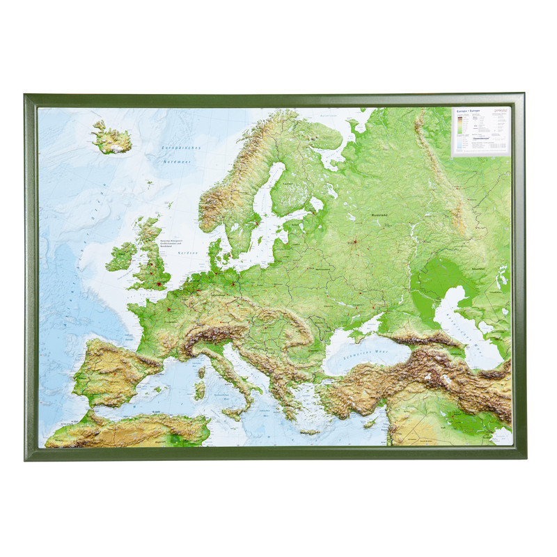 Georelief Mapa 3D em relevo da Europa (78x58) com Quadro de madeira