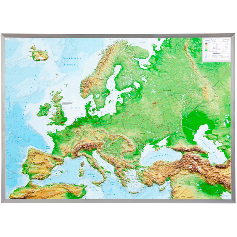 Georelief mapa de continente Large 3D relief map of Europe in aluminium frame (in German)
