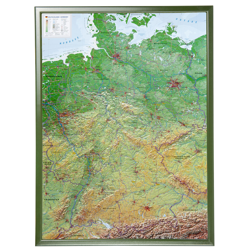 Georelief Mapa 3D em relevo da Alemanha (77x57) com Quadro de madeira