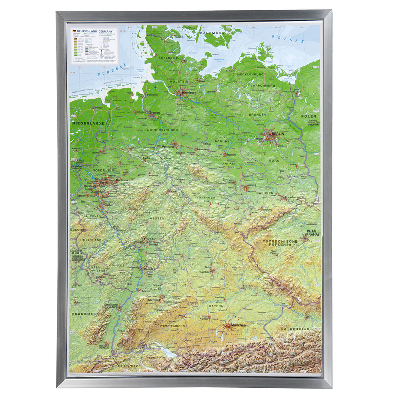 Georelief Mapa 3D em relevo da Alemanha (77x57) com Armações em alumínio
