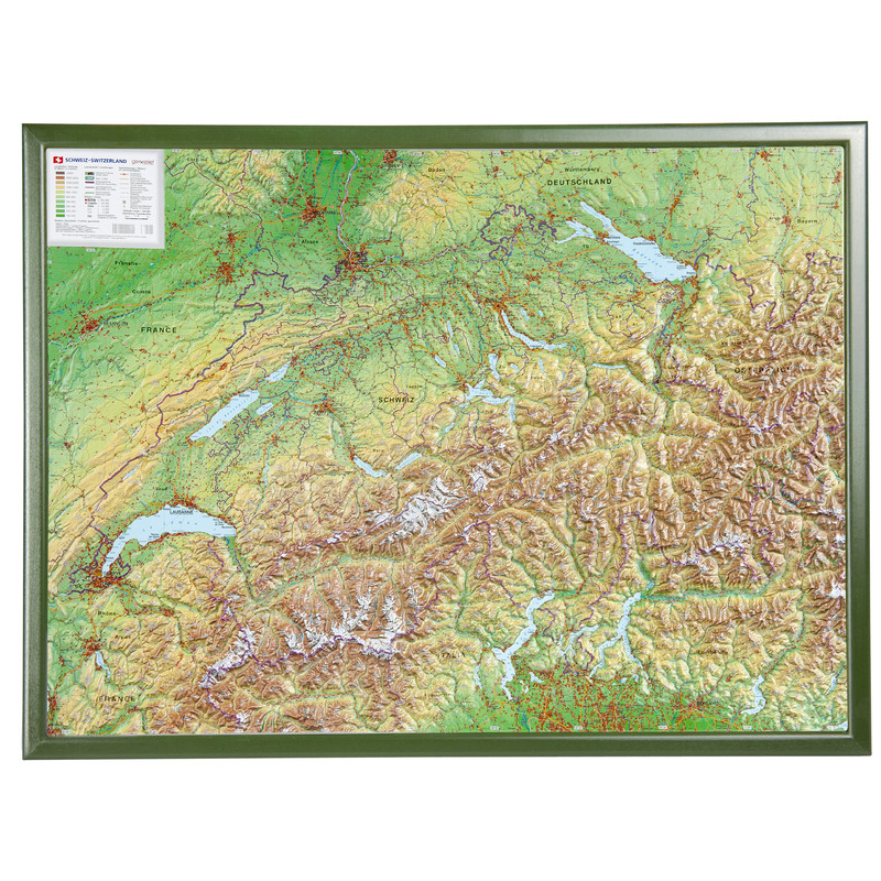Georelief Suíça (77x57) Mapa 3D em relevo com moldura de madeira