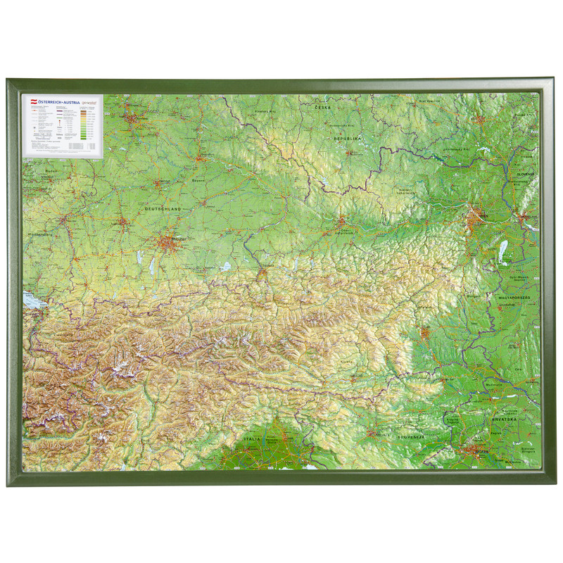 Georelief Mapa em relevo 3D da Áustria (77x57) com Quadro de madeira