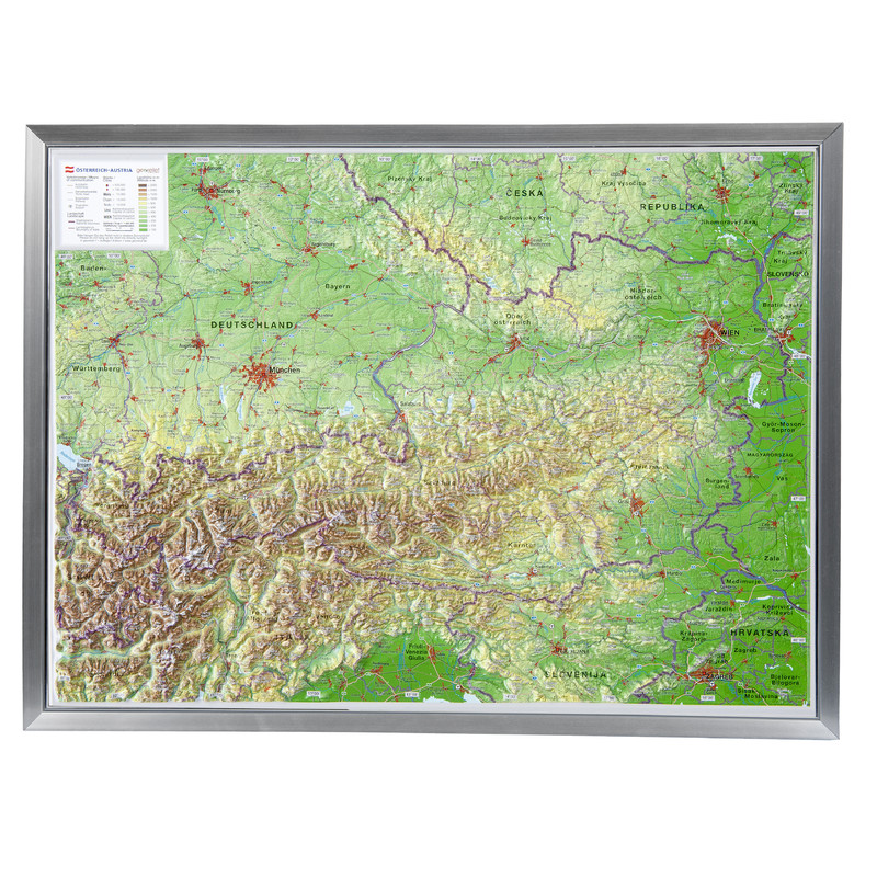 Georelief Mapa em relevo 3D da Áustria (77x57) com Armações em alumínio