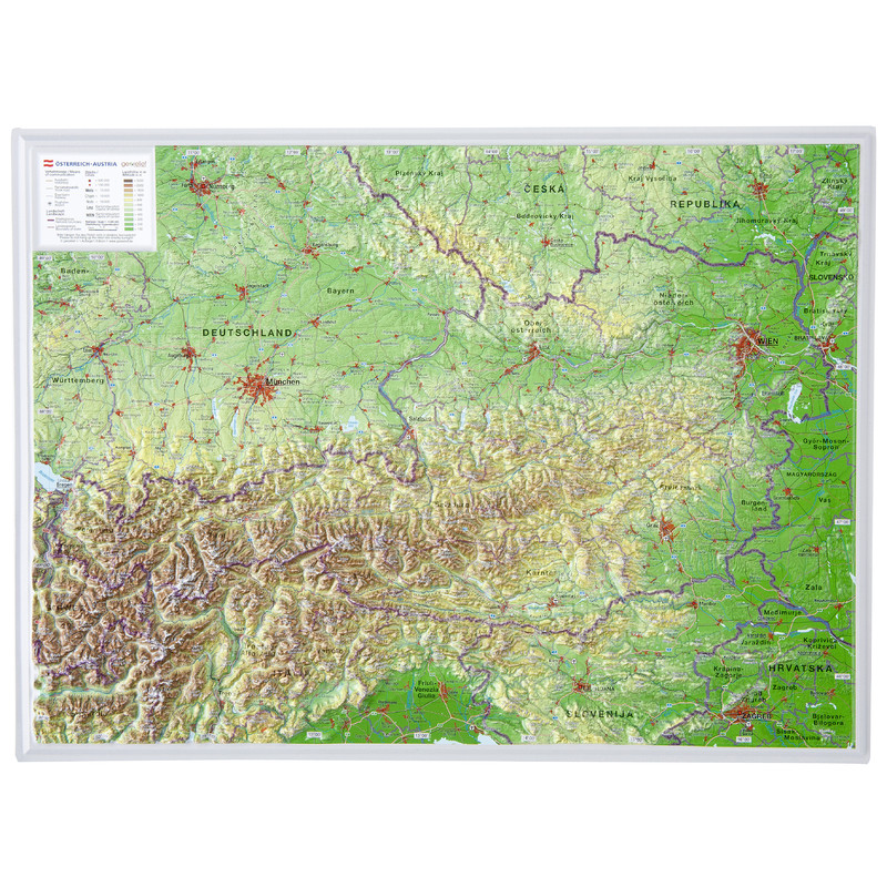 Georelief Áustria, pequeno mapa 3D em relevo