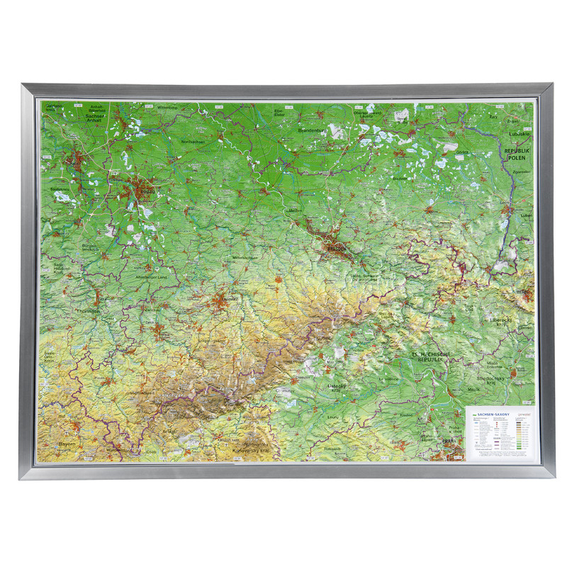 Georelief Mapa 3D em relevo da Saxónia, grande, com Armações em alumínio