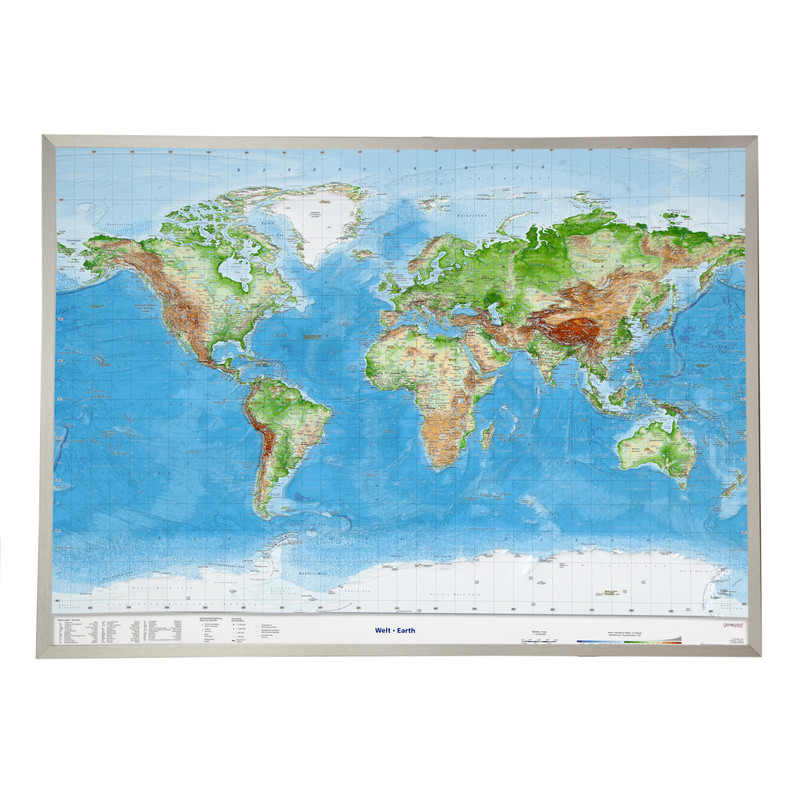 Georelief Mapa mundial Large 3D relief map of the World, in aluminium frame (in German)