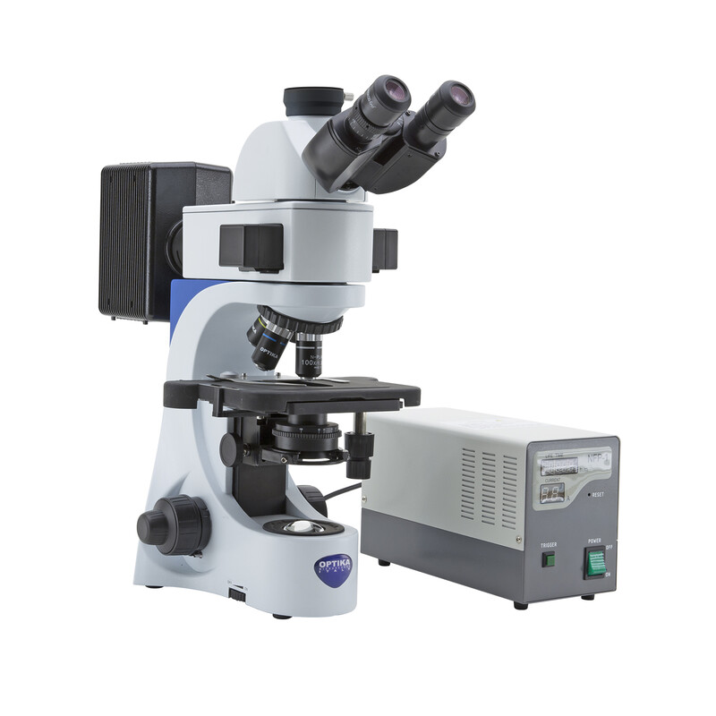Optika Microscópio Mikroskop B-383FL-EUIV, trino, FL-HBO, B&G Filter, N-PLAN, IOS, 40x-1000x, EU, IVD