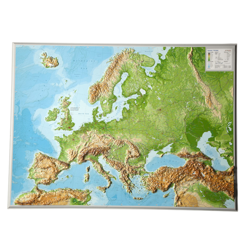 Georelief Europa em grande escala, mapa 3D em relevo, Inglês