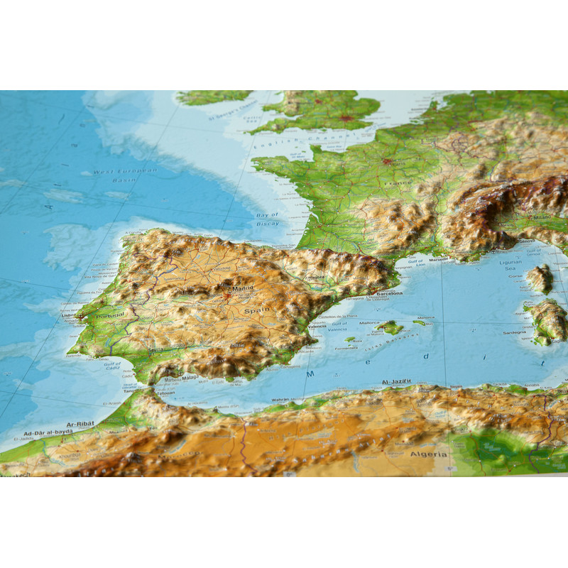 Georelief Europa em grande escala, mapa 3D em relevo, Inglês