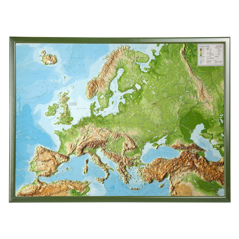 Georelief Europa grande, mapa 3D em relevo com Quadro de madeira, Inglês