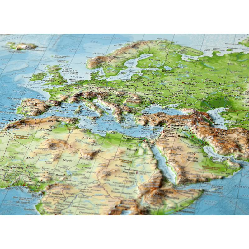 Georelief Mapa do mundo em grande escala, relevo 3D, Inglês