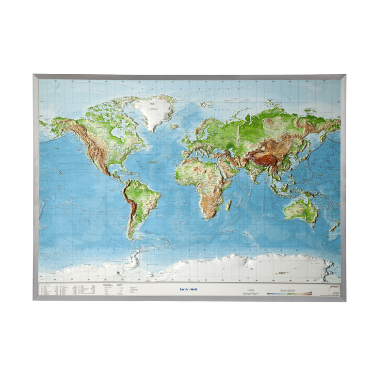 Georelief Mapa-mundo em relevo 3D de grandes dimensões com armações em alumínio, Inglês