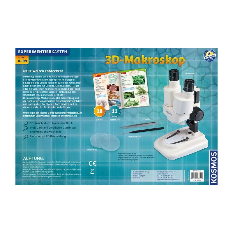 Kosmos Verlag Microscópio stéreo Kit de investigação com macroscópio 3-D, 20x, LED