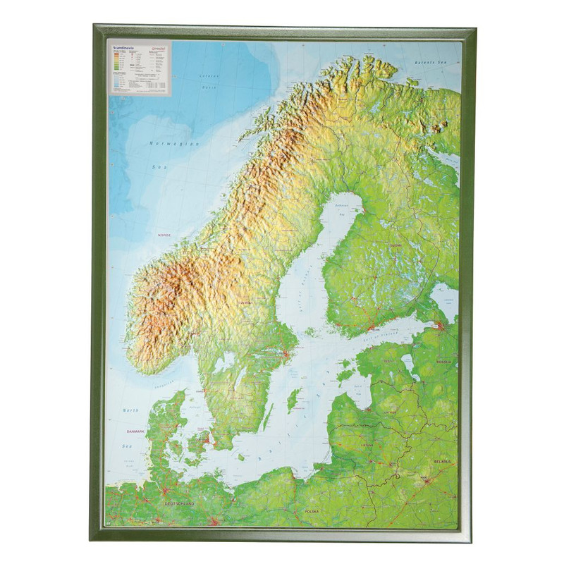 Georelief Mapa 3D em relevo da Escandinávia, de grandes dimensões, com moldura em plástico prateado