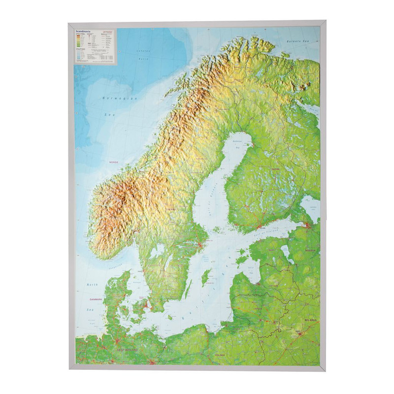 Georelief Mapa 3D em relevo da Escandinávia, de grandes dimensões, com moldura em plástico prateado