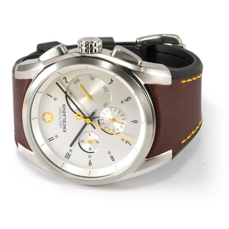 DayeTurner Relógio ENCELADUS men's analogue watch, silver - light brown leather strap