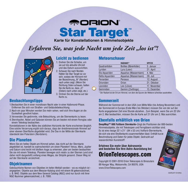 Orion Carta de estrelas Drehbare Sternkarte Star Target für 40°-60° nord