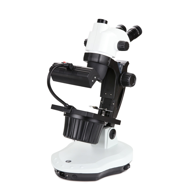Euromex Microscópio estéreo zoom NZ.1703-GEMF, 6.7X to 45X, gemology microscope, 30W 6V halogen transmitted lighting, 7W fluorescent gas discharge lamp incident illumination