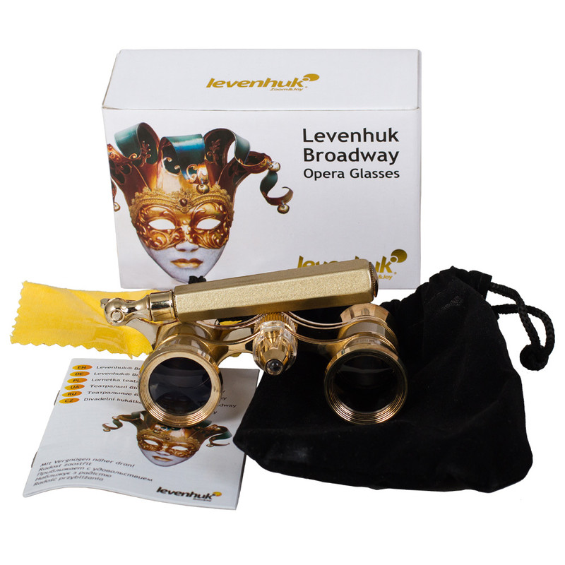 Levenhuk Óculos de ópera Broadway dourados de 3x25, com lornhão e lâmpada LED