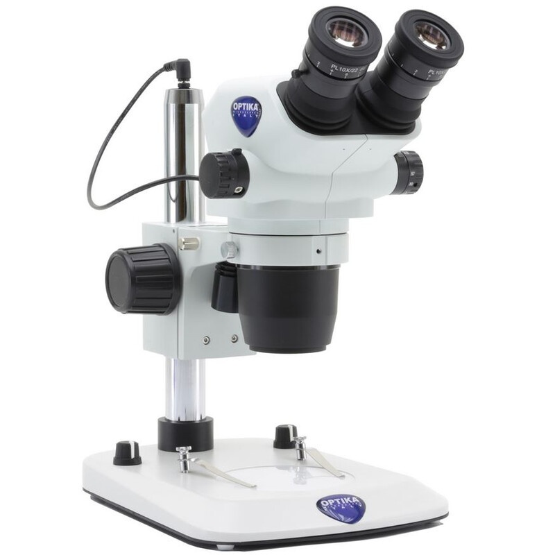 Optika Microscópio estéreo zoom SZO-3, bino, 6,7-45x, Coluna base, Luz incidente e Luz trasmitida