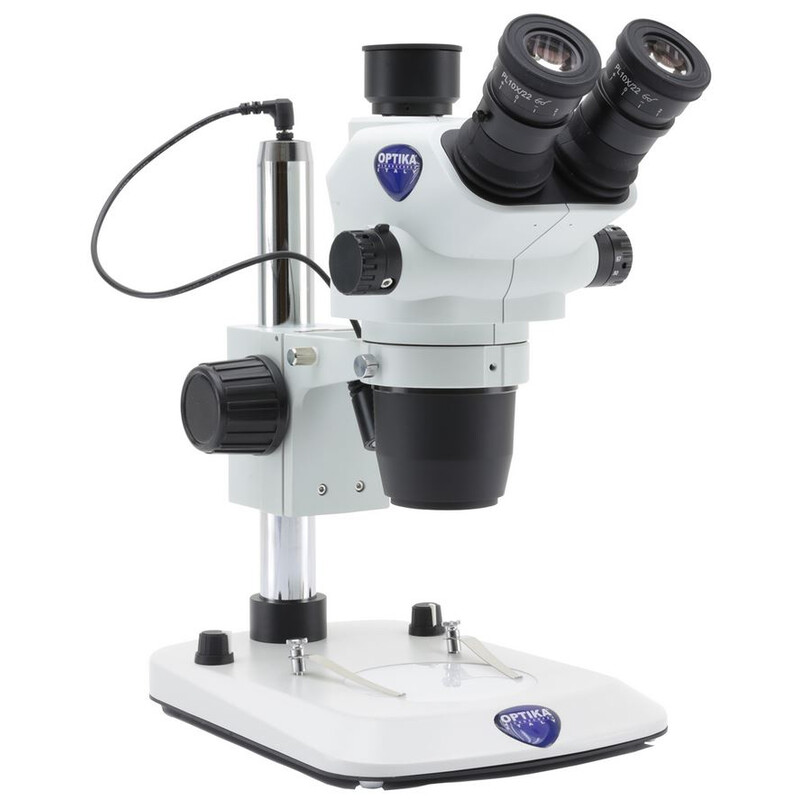 Optika Microscópio estéreo zoom SZO-4, trino, 6,7-45x, Coluna base, Luz incidente e Luz trasmitida