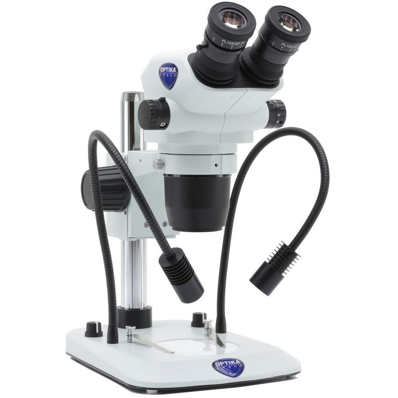 Optika Microscópio estéreo zoom SZO-5 , bino, 6,7-45x, Coluna base, Luz incidente e Luz trasmitida, foco duplo