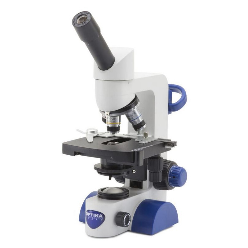 Optika Microscópio B-62, mono, 40-400x, LED, bateria recarregável, Mesa cruzada