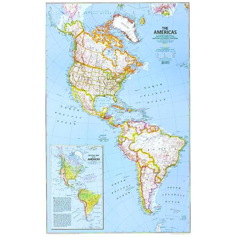 National Geographic mapa de continente Américas do Sul e Norte, políticas
