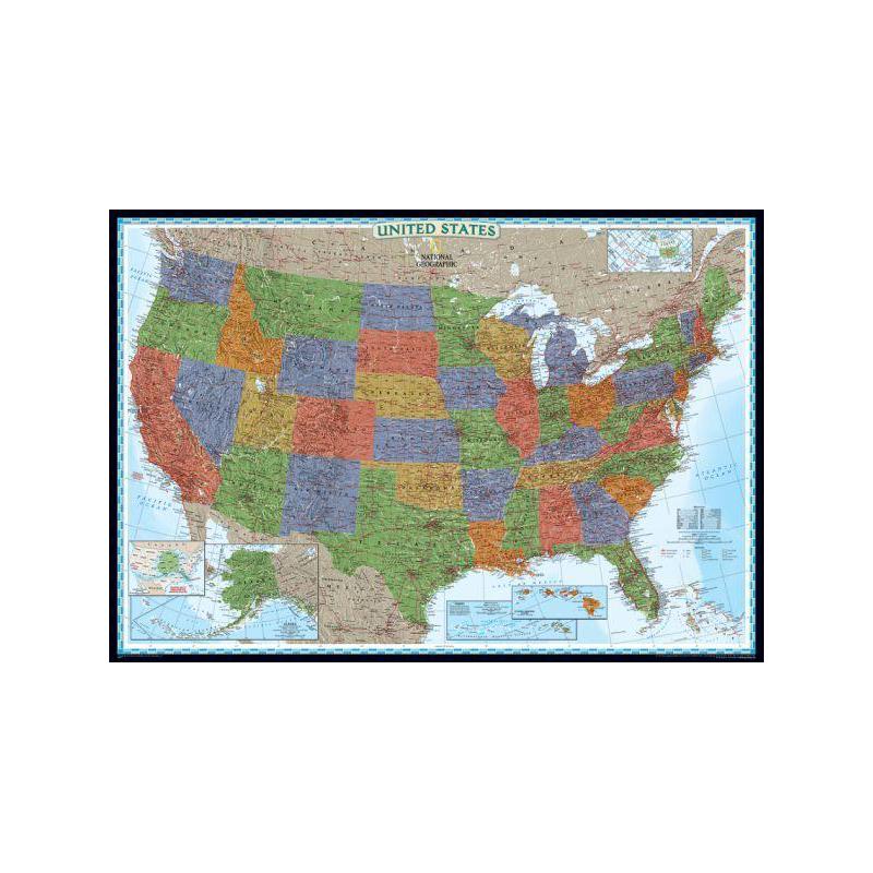 National Geographic Mapa decorativo e político dos EUA, grande e laminado