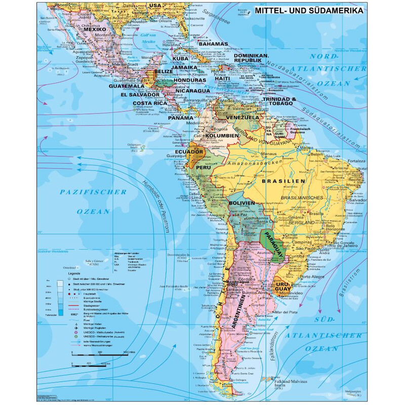 Stiefel mapa de continente Mittel- und Südamerika politisch (97 x 119 cm)