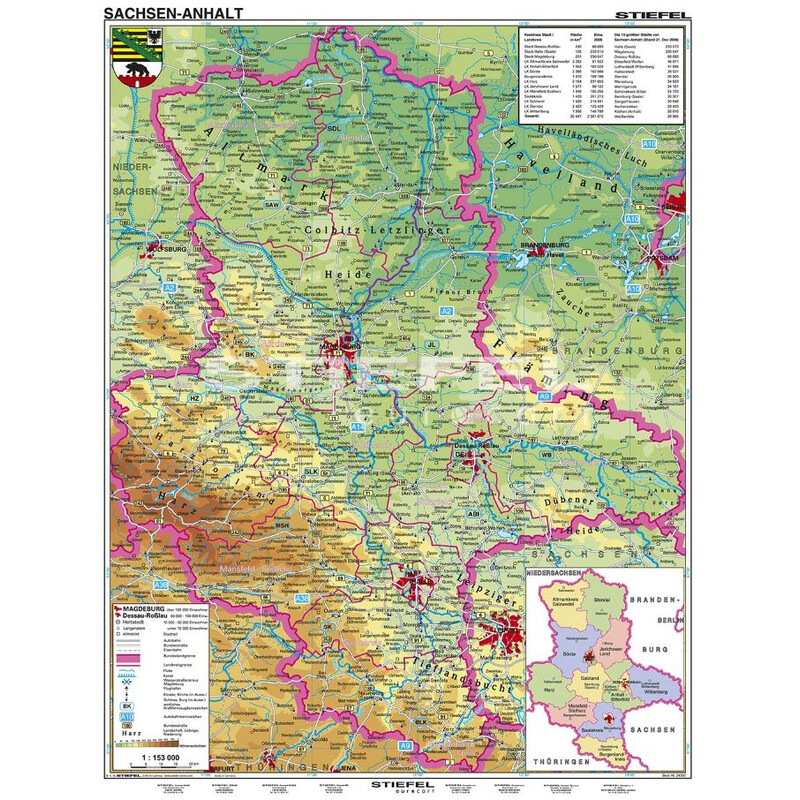 Stiefel Mapa regional Sachsen-Anhalt physisch