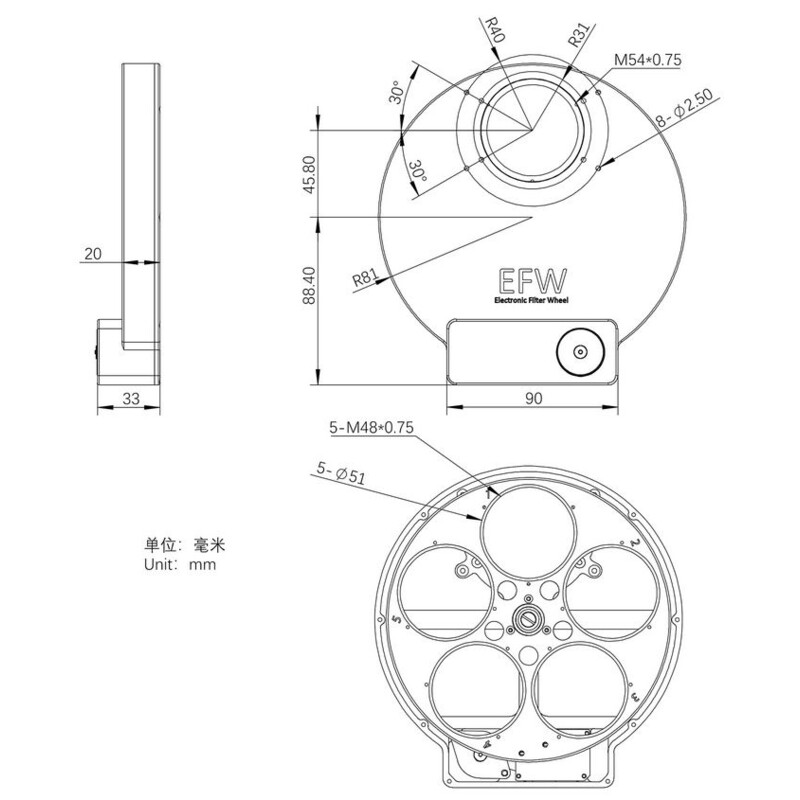 ZWO Roda de filtros Filterrad EFW 5x2"